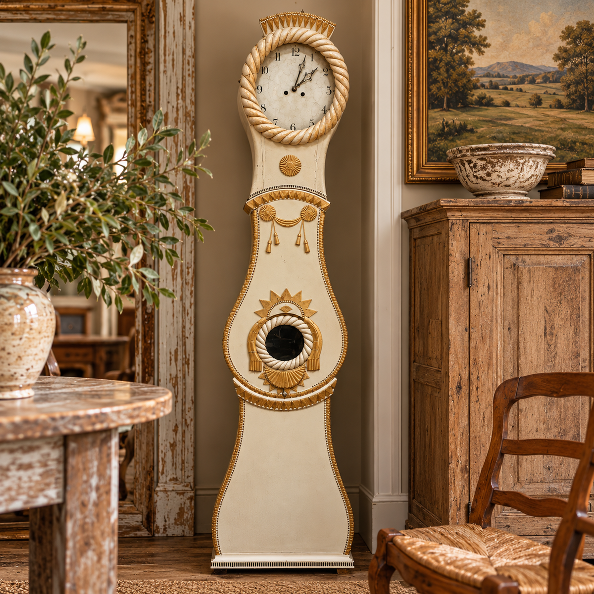 Antique Swedish Mora Clock – Cream & Gilt, c. 1820–1850
