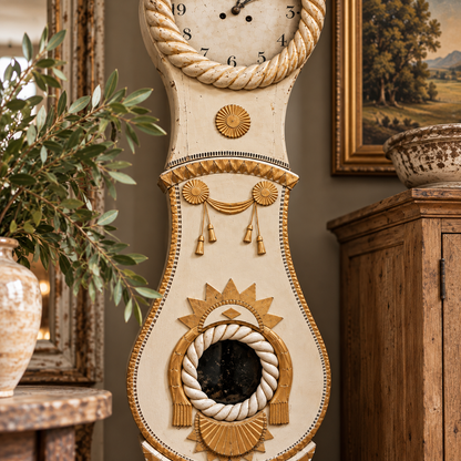 Antique Swedish Mora Clock – Cream & Gilt, c. 1820–1850