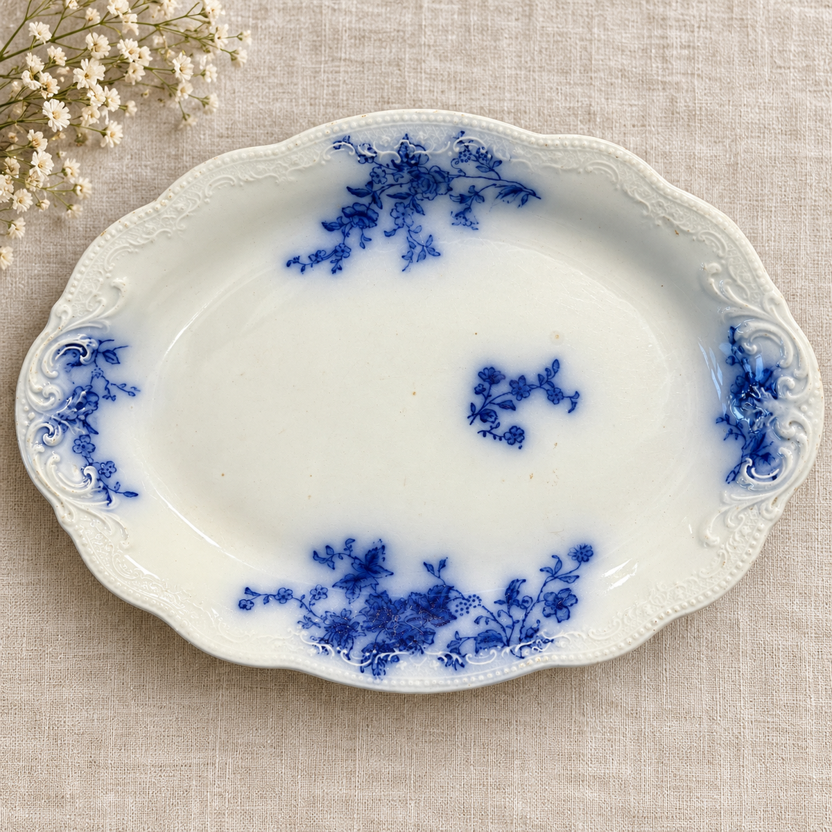 Antique English Flow Blue Oval Platter | c. 1900