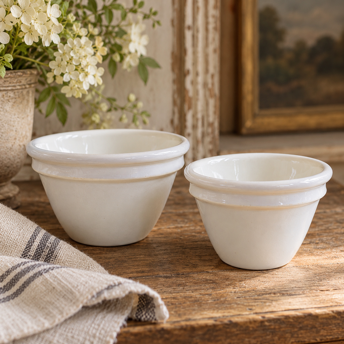 Vintage English White Pudding Bowls — Set of Two