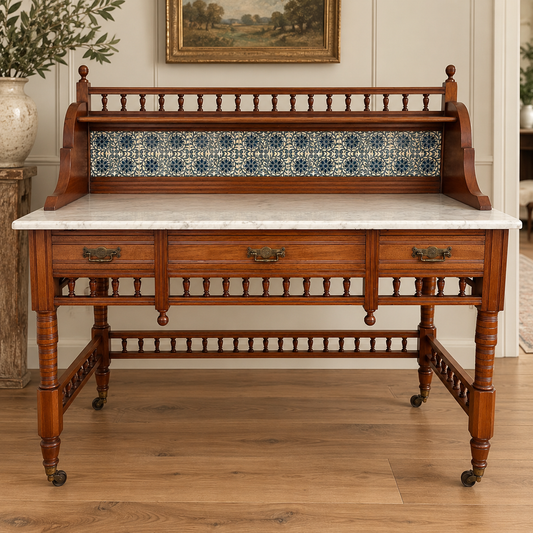 Antique Victorian Marble-Top Washstand with Blue & White Tiles