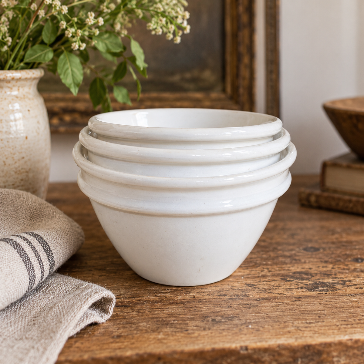 Vintage English Ironstone Pudding Bowls — Set of Three