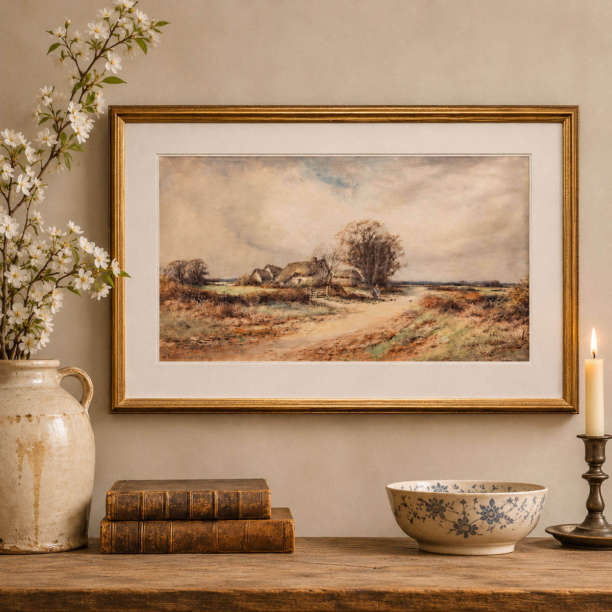 Antique English Cottage Landscape Original Watercolour Painting – Alexander Molyneux Stannard, Framed British Country Art