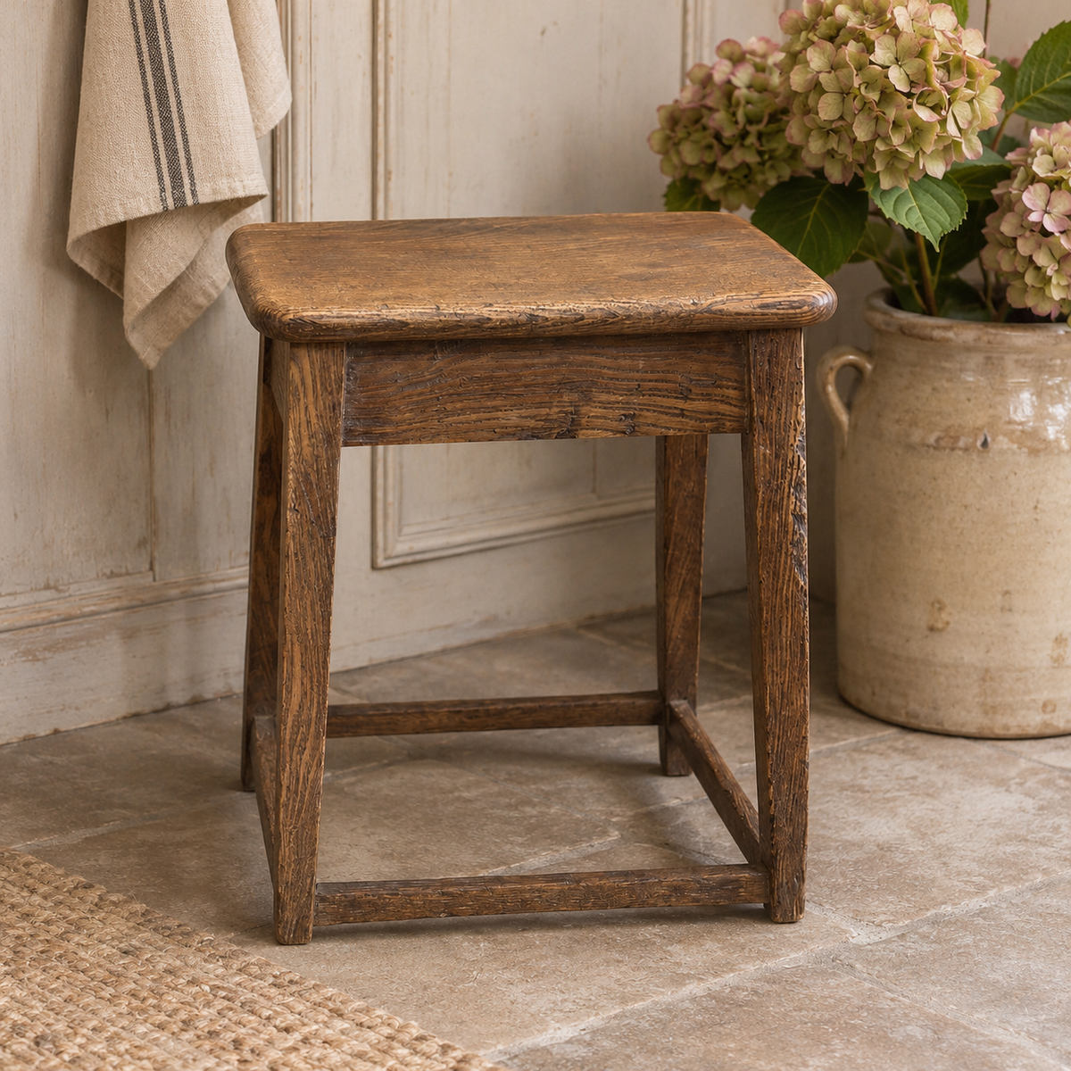 Antique English Oak Farmhouse Stool | Circa 1900