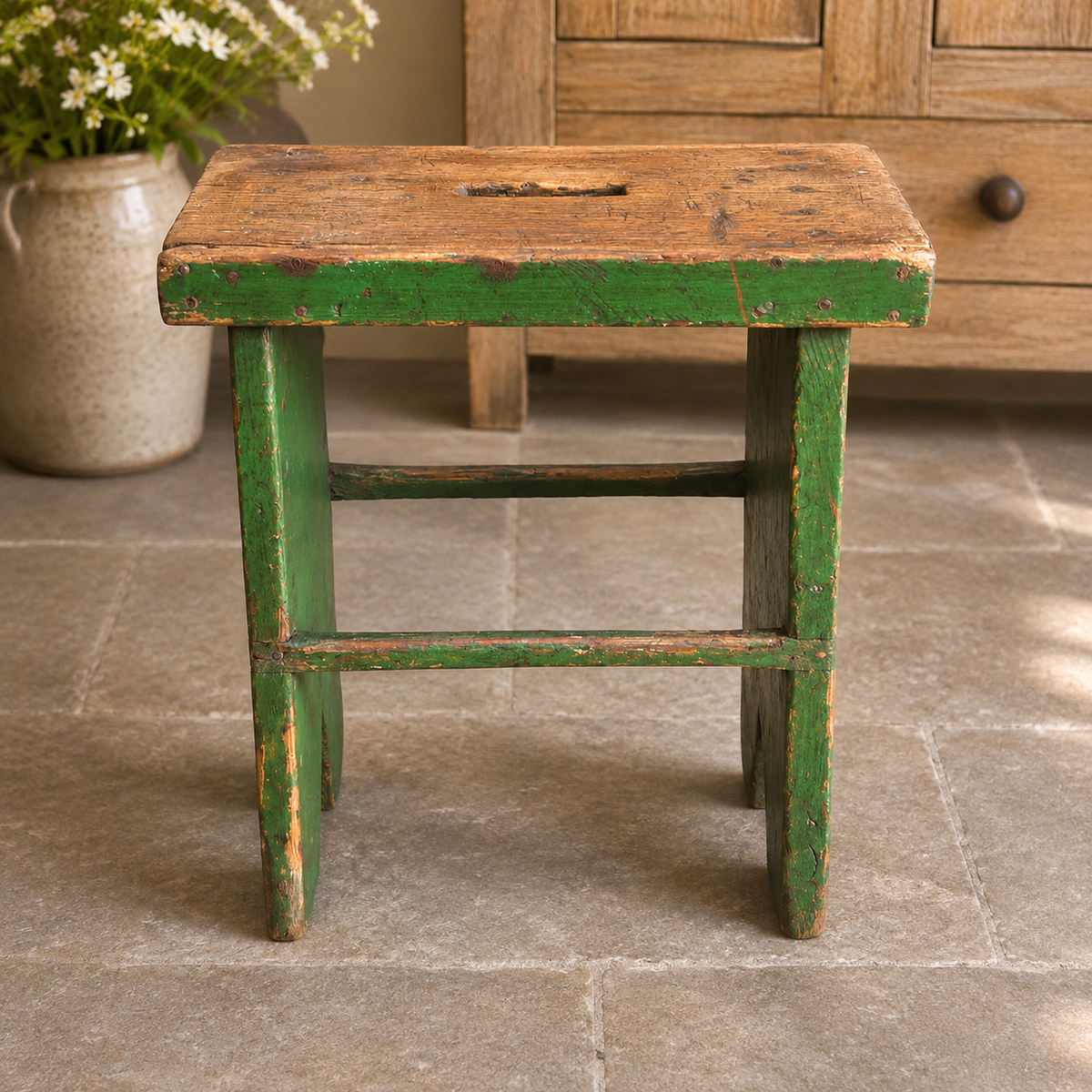 Vintage English Green Painted Farmhouse Stool
