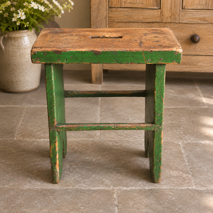 Vintage English Green Painted Farmhouse Stool