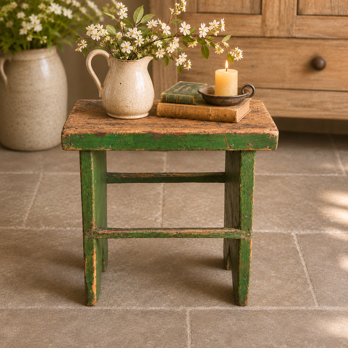 Vintage English Green Painted Farmhouse Stool