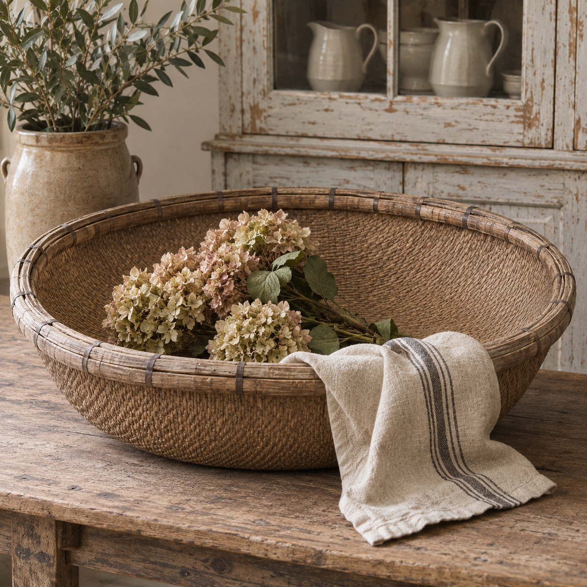 Large Vintage Chinese Woven Bamboo Harvest Basket