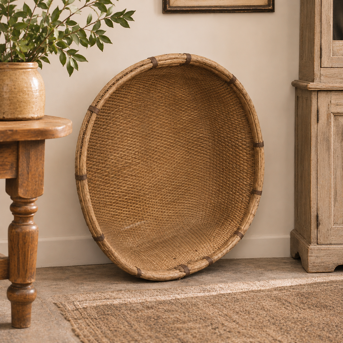 Large Vintage Chinese Woven Bamboo Harvest Basket