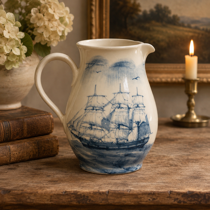 Vintage English Oxney Green Blue & White Sailing Ship Pitcher