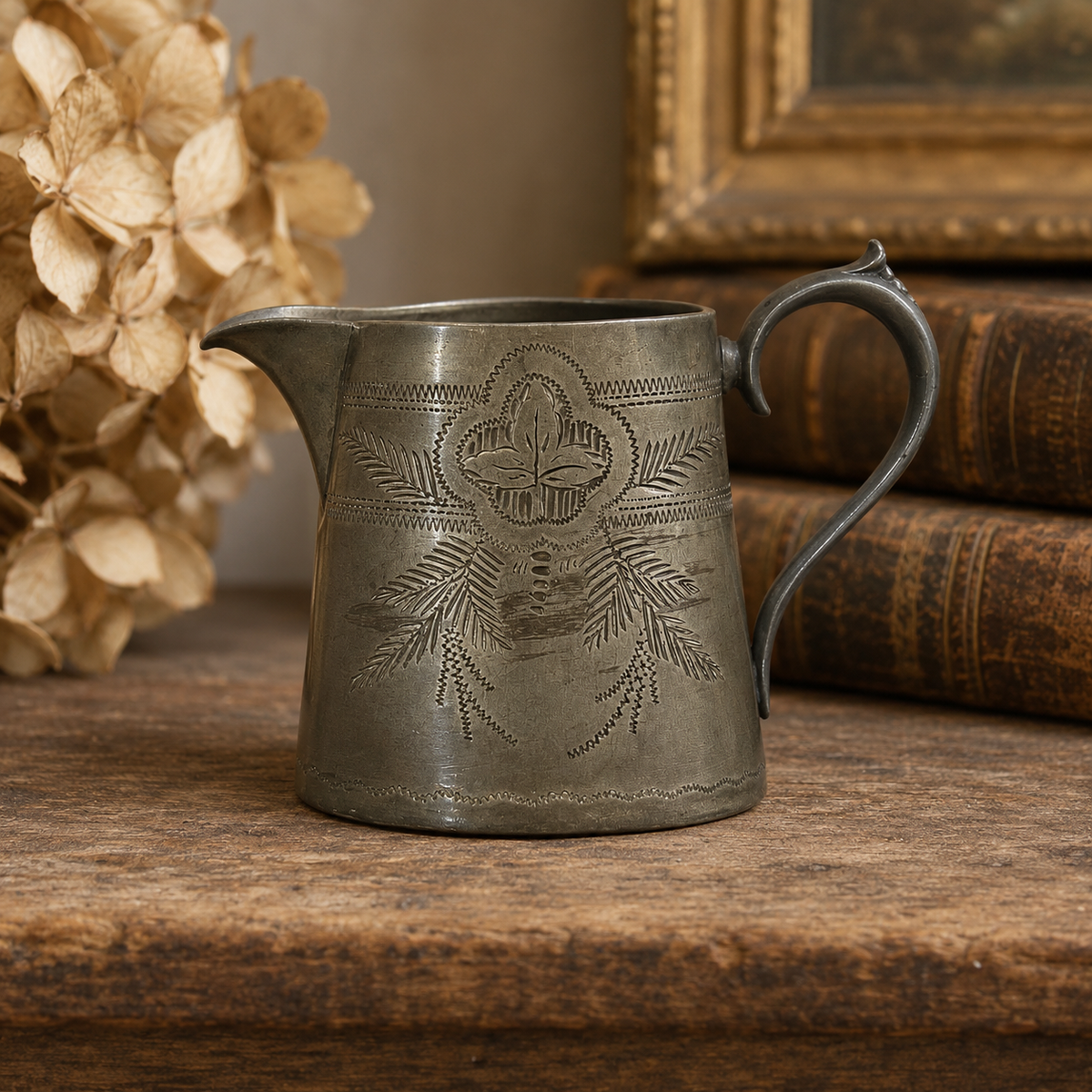 Vintage Engraved Pewter Cream Pitcher