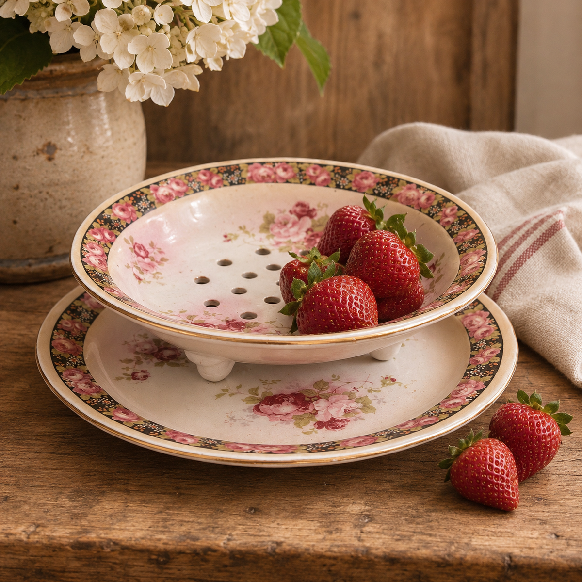 Vintage English Floral Berry Drainer with Matching Underplate