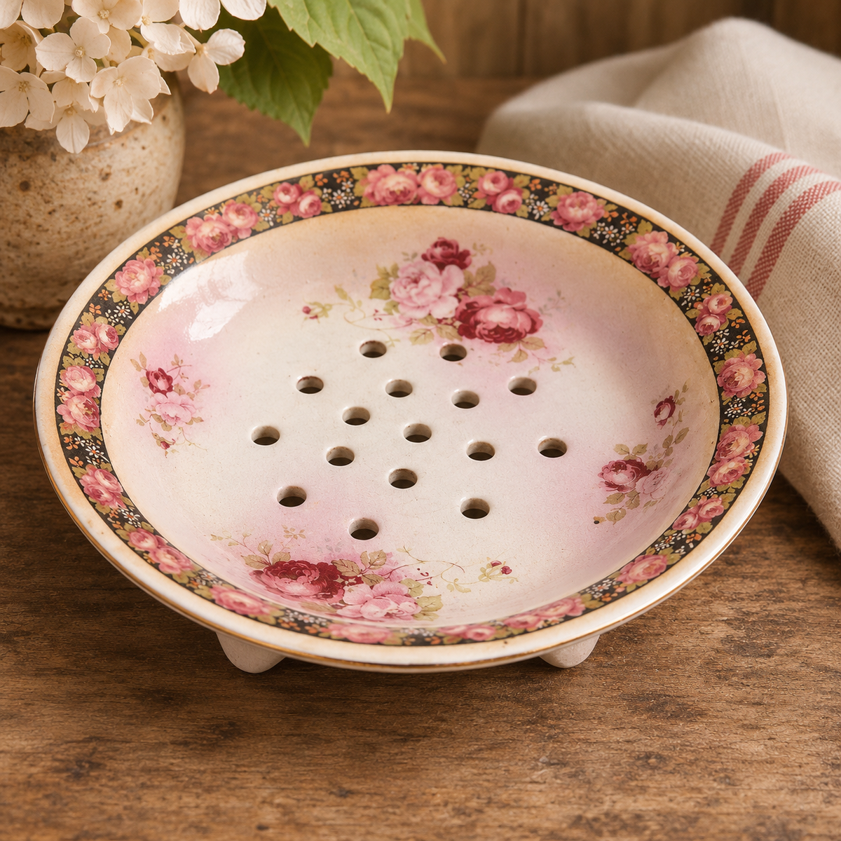 Vintage English Floral Berry Drainer with Matching Underplate