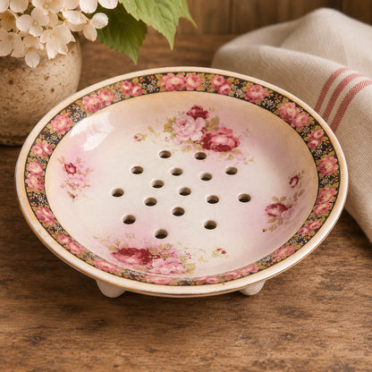 Vintage English Floral Berry Drainer with Matching Underplate