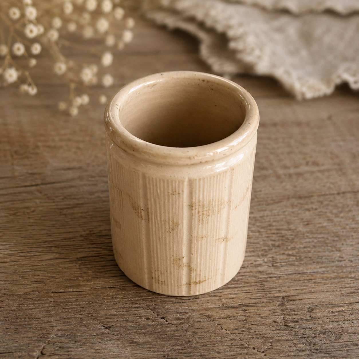 Antique English Ribbed Stoneware Jam Jar, England, c. 1880–1910
