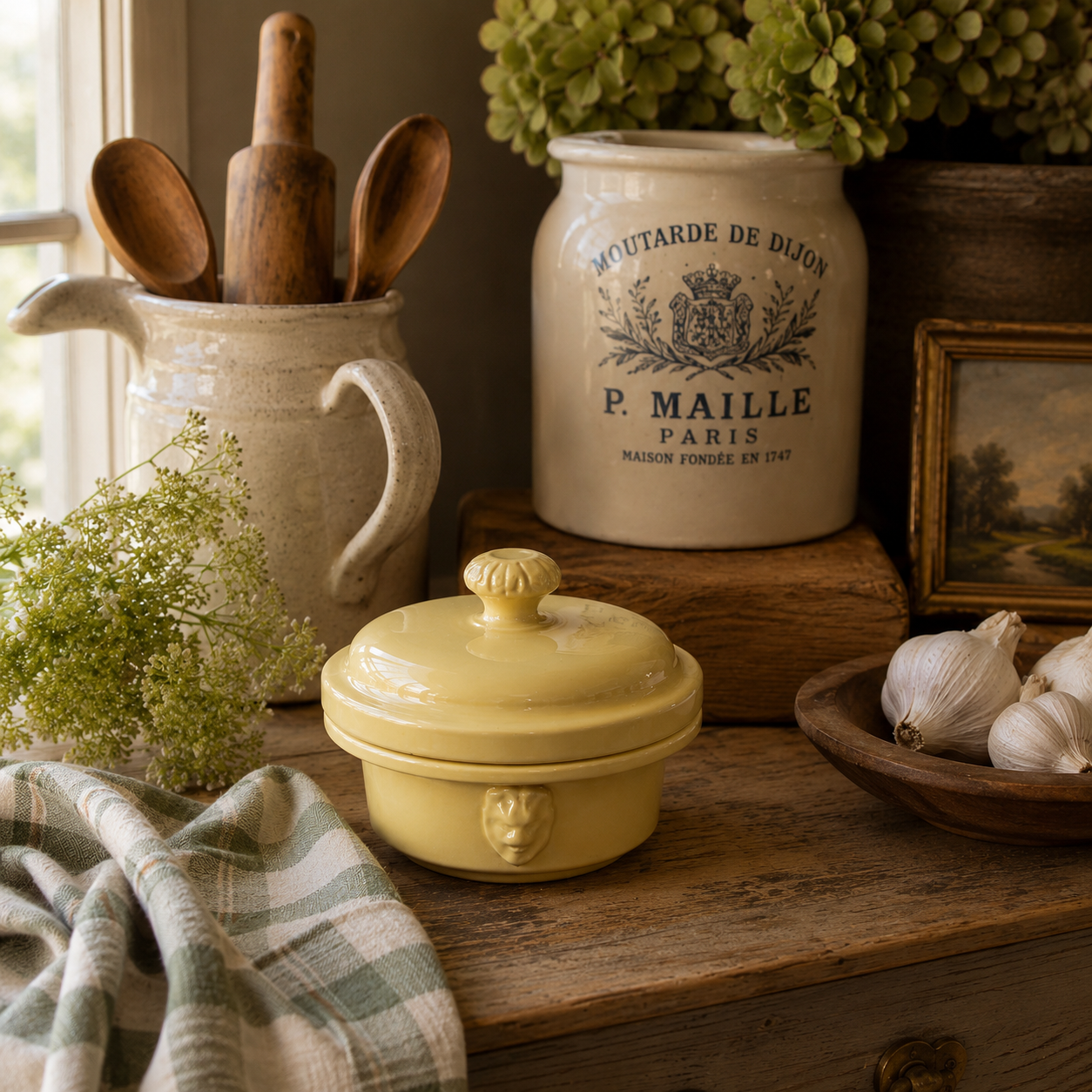 Vintage French Pale Yellow Stoneware Pâté Pot | Covered Foie Gras Terri