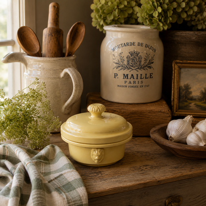 Vintage French Pale Yellow Stoneware Pâté Pot | Covered Foie Gras Terri