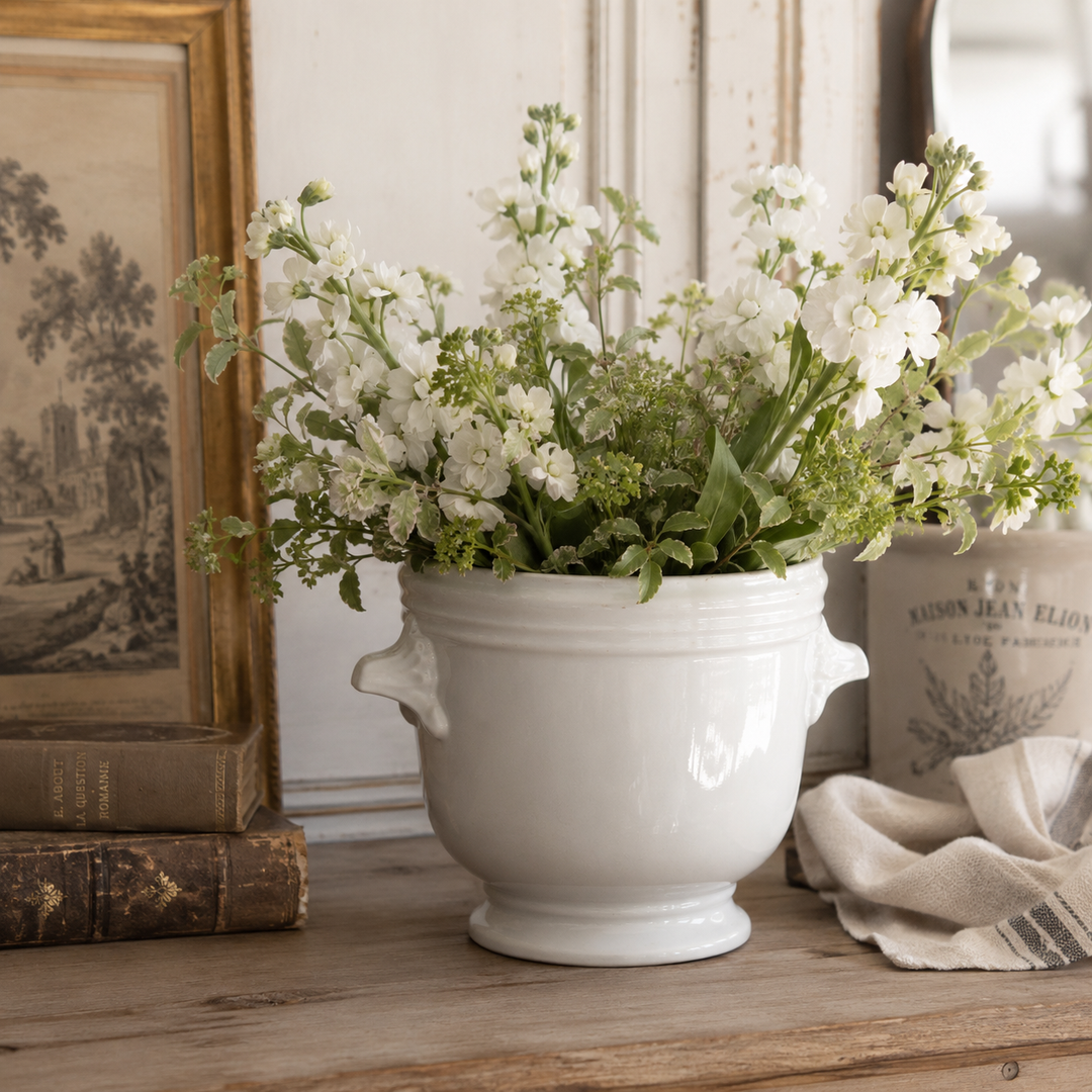 Vintage French White Ironstone Footed Jardinière