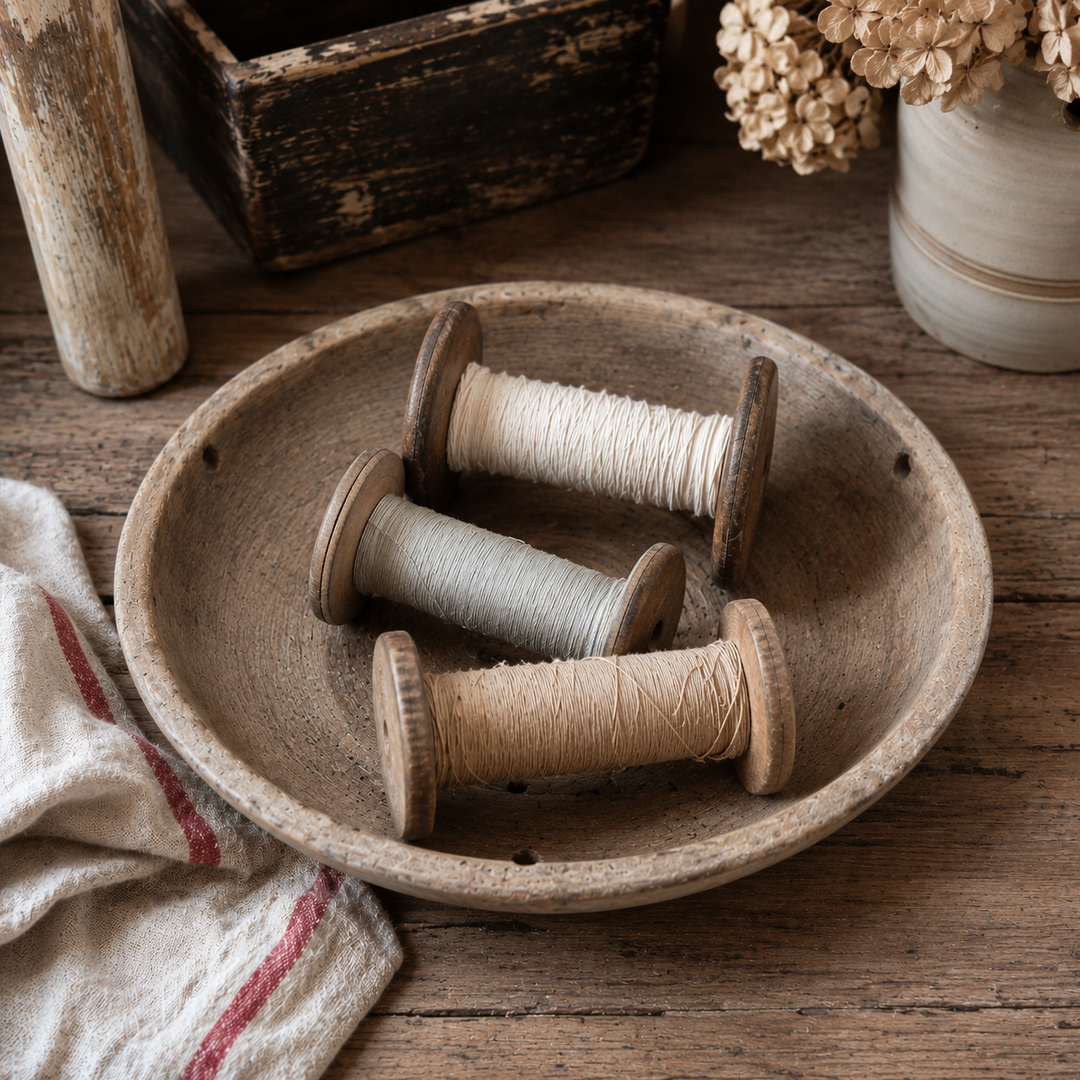 Vintage French Textile Bobbins & Wooden Bowl