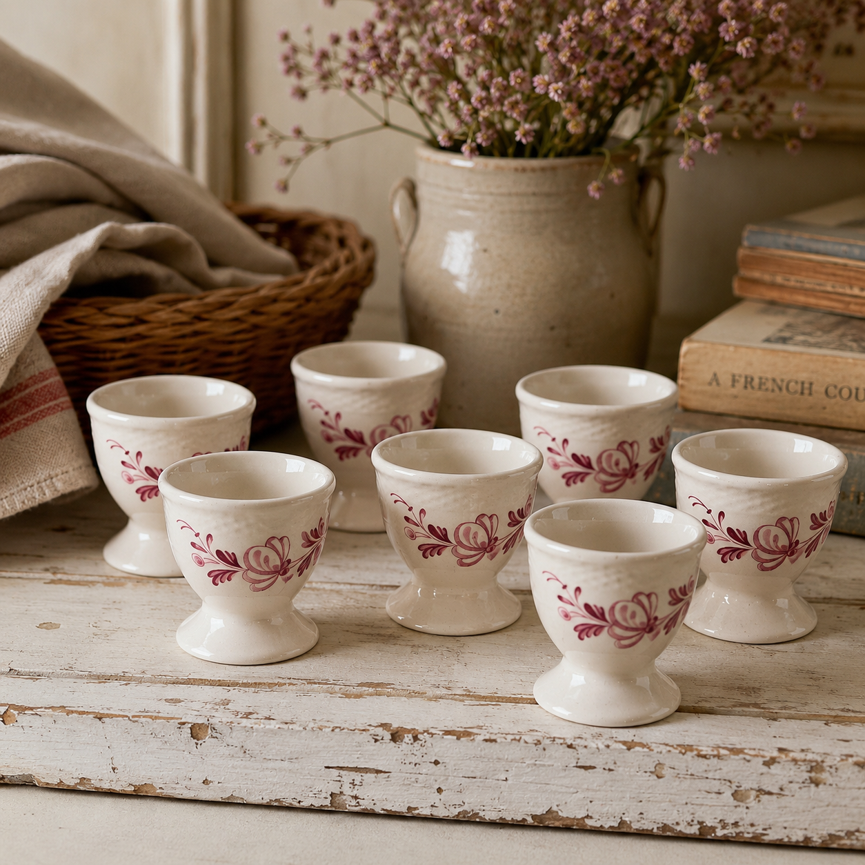 Set of 7 vintage French ceramic egg cups (coquetiers).
