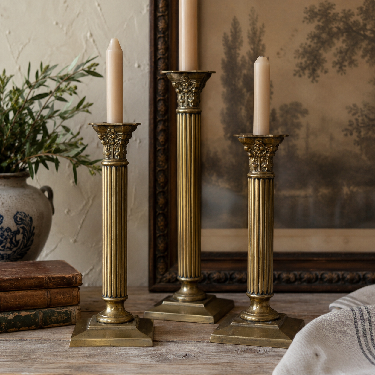 Antique Brass Neoclassical Column Candlesticks | Set of Three