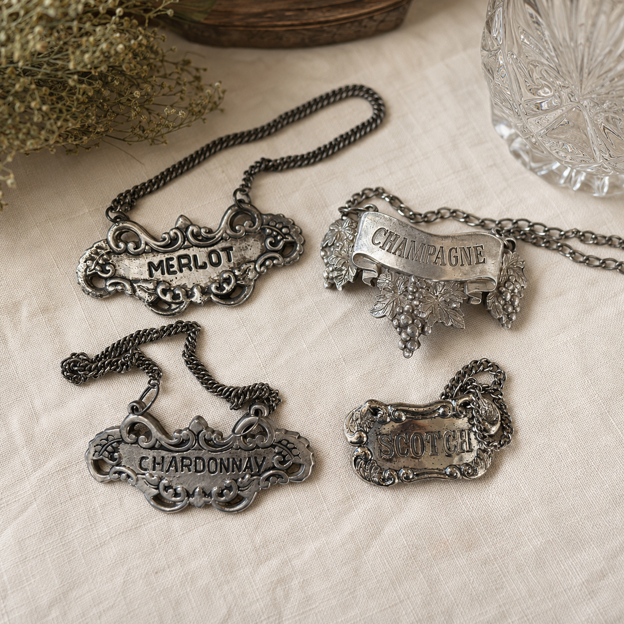 Vintage Silver Plate Wine & Spirits Bottle Labels