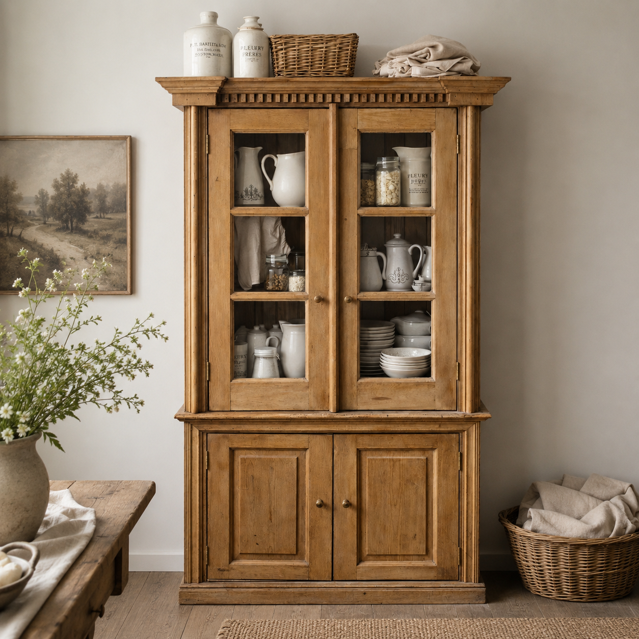 Antique European Pine Step-Back Cupboard