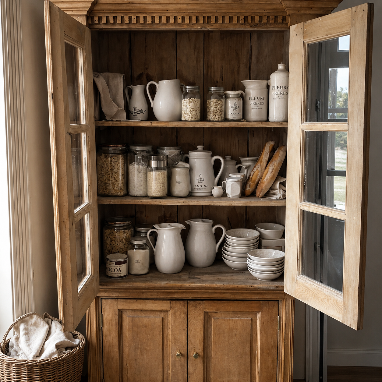 Antique European Pine Step-Back Cupboard
