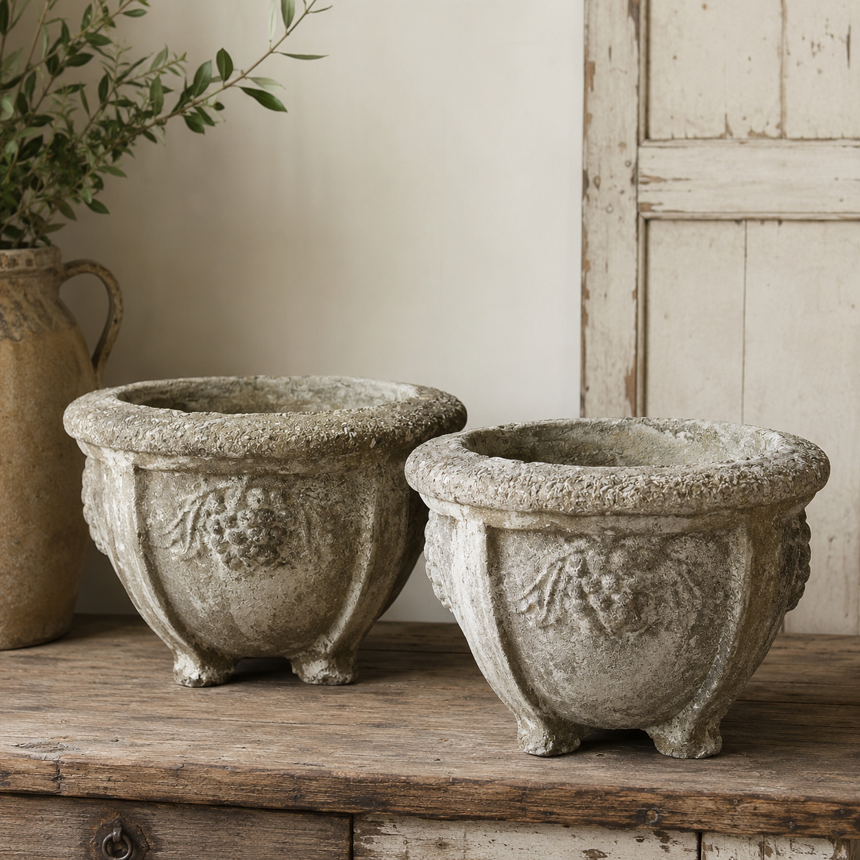 Pair of Vintage European Style Cast Stone Garden Urns