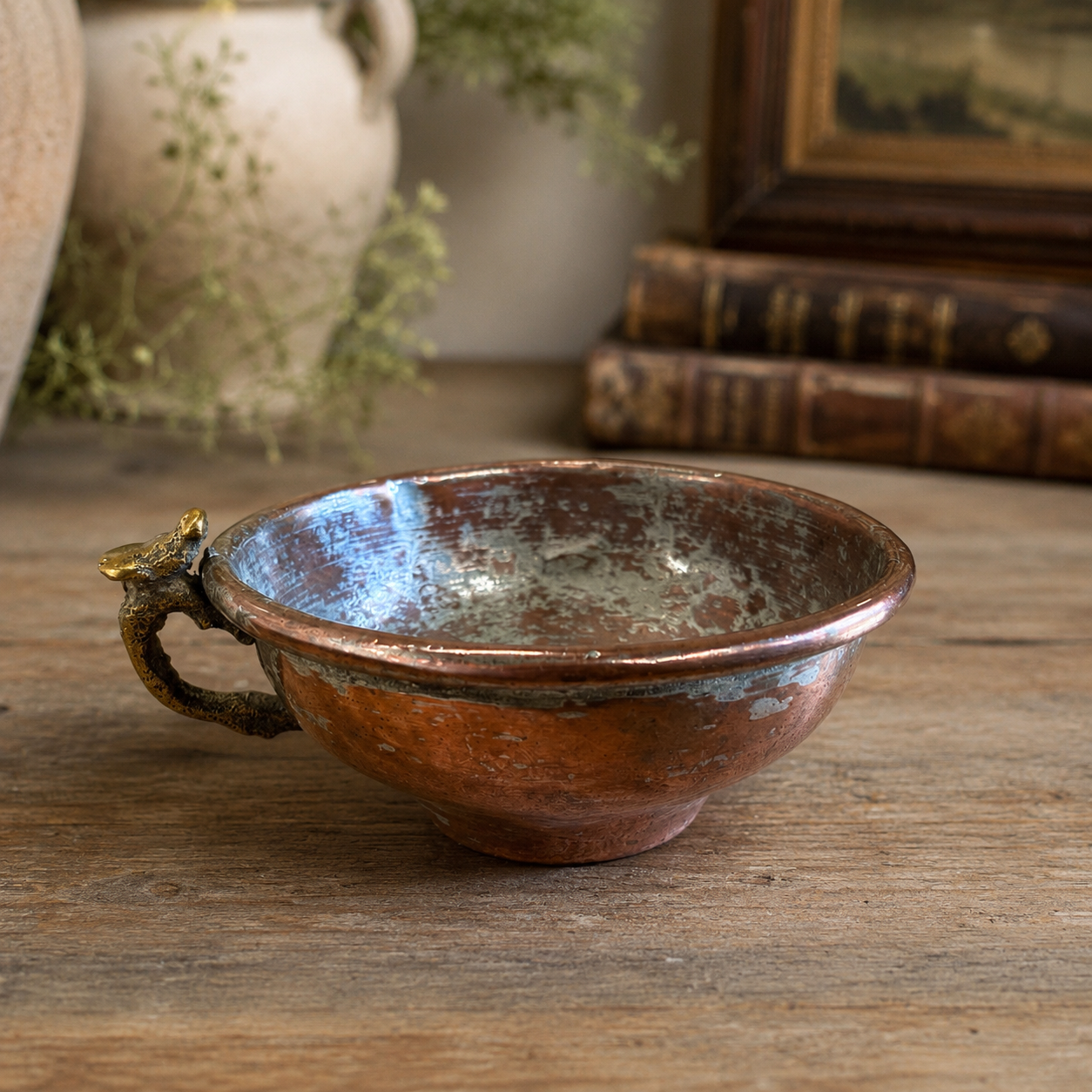 Antique European Copper Porringer Bowl with Brass Handle
c. late 19th – early 20th century