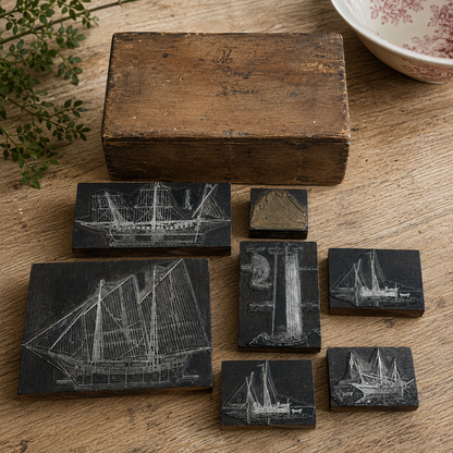Antique French Maritime Letterpress Printing Blocks in Original Wooden Box
France | Circa 1900–1925