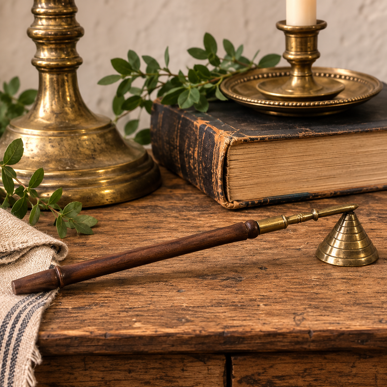 Vintage Brass Candle Snuffer with Turned Wooden Handle