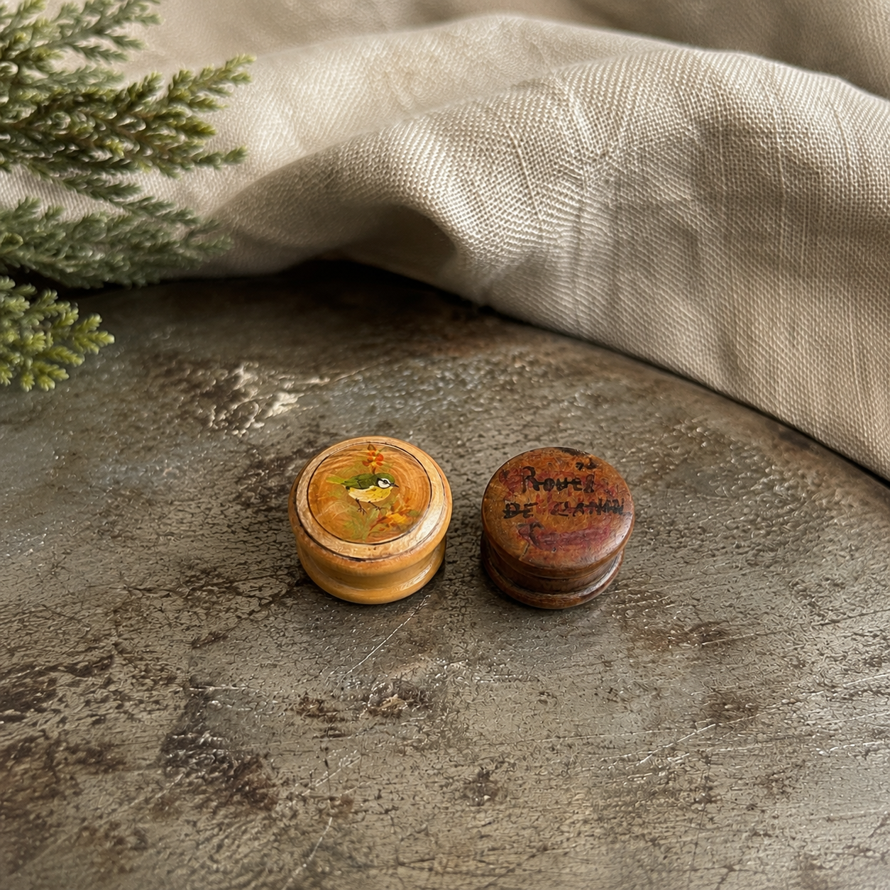 Pair of Vintage French Miniature Hand-Turned Wooden Keepsake Boxes