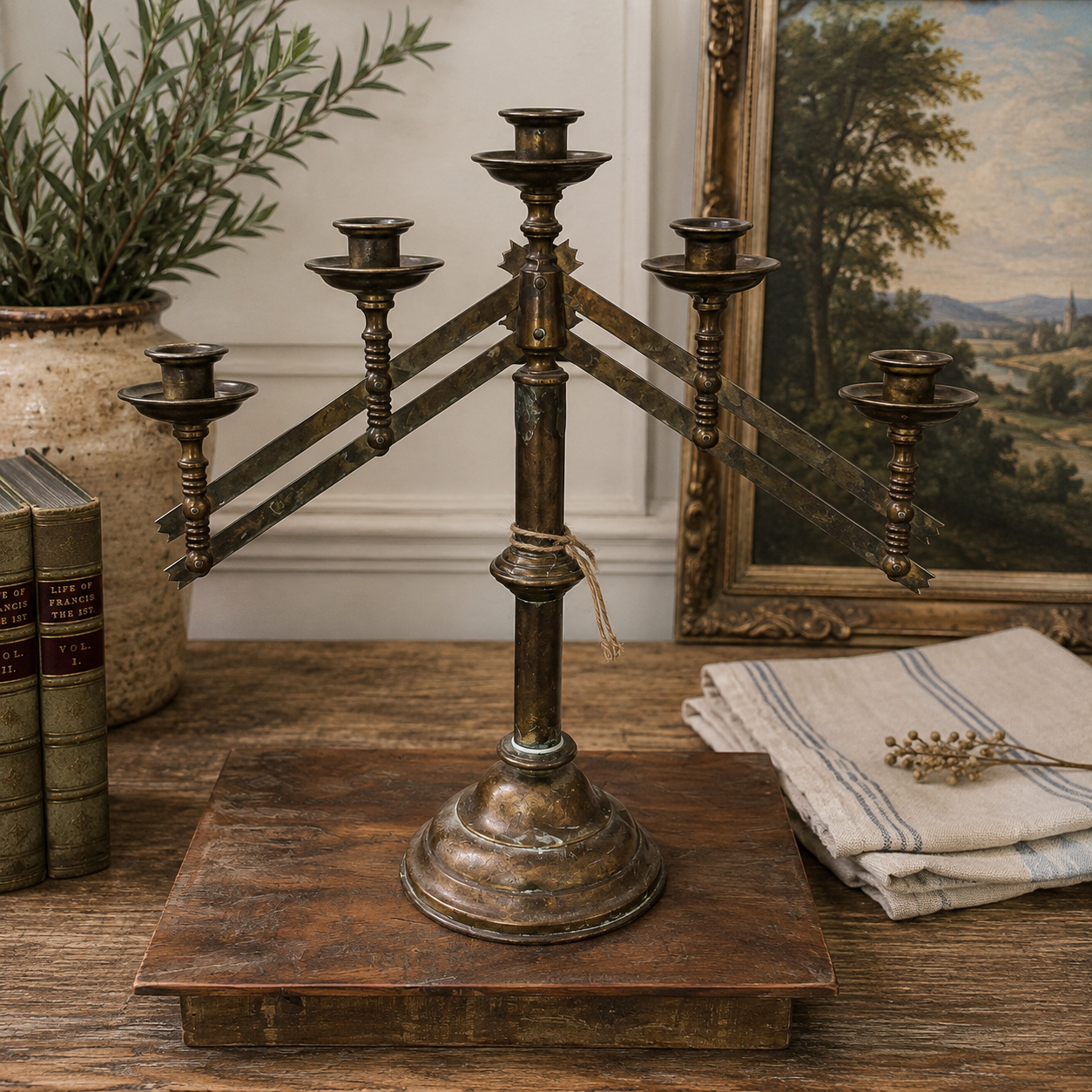 Antique Adjustable Five-Light Brass Candelabrum