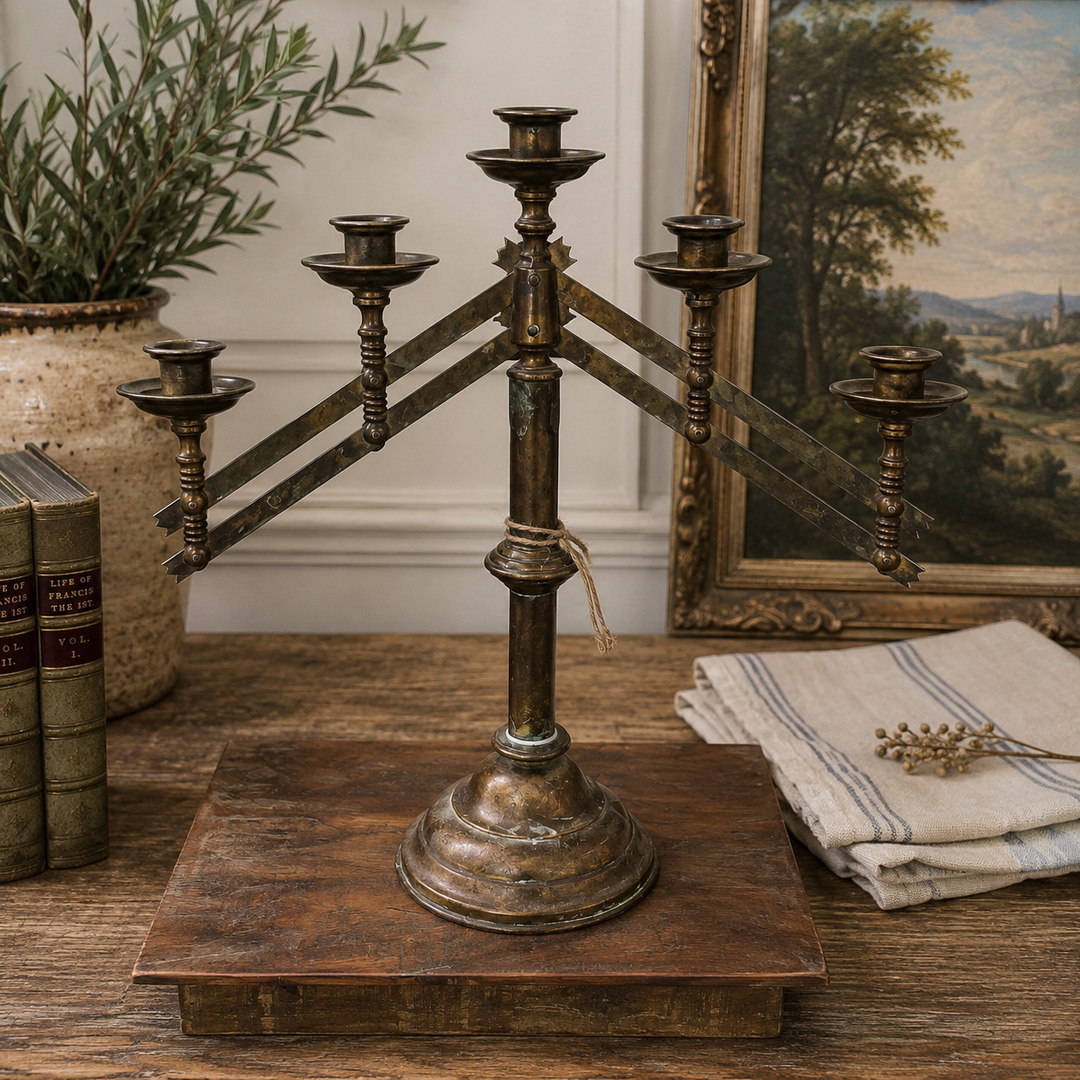Antique Adjustable Five-Light Brass Candelabrum