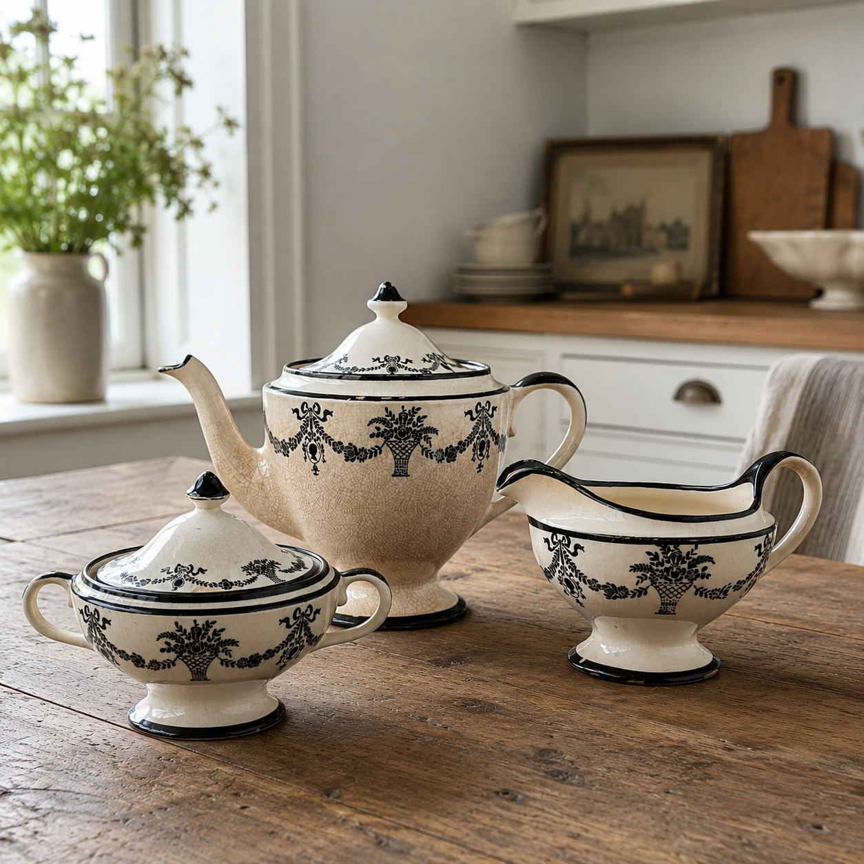 Antique English Black Transferware Three-Piece Tea Set Circa 1825–1845