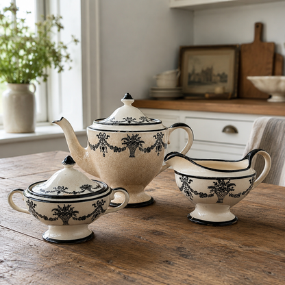 Antique English Black Transferware Three-Piece Tea Set Circa 1825–1845