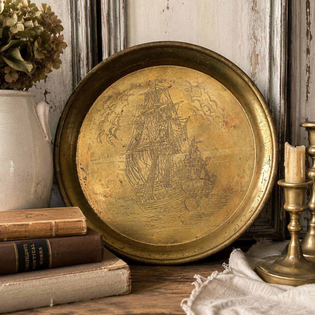Antique Engraved Brass Maritime Tray | England Circa 1890–1920