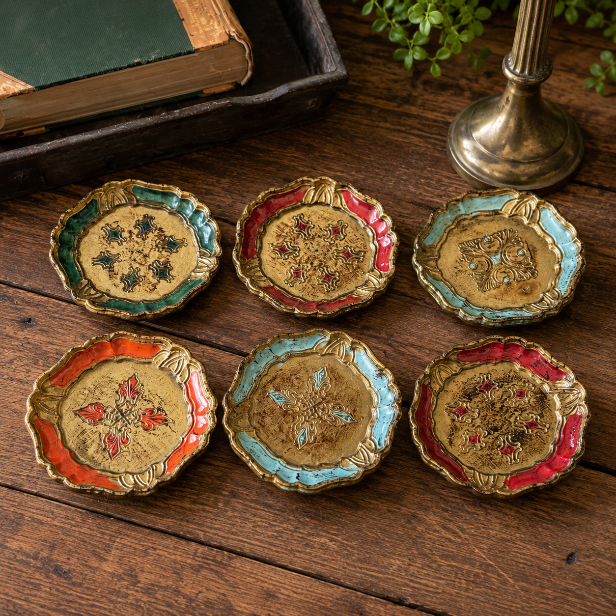 Set of 6 Vintage Italian Florentine Style Gilt Wood Coasters