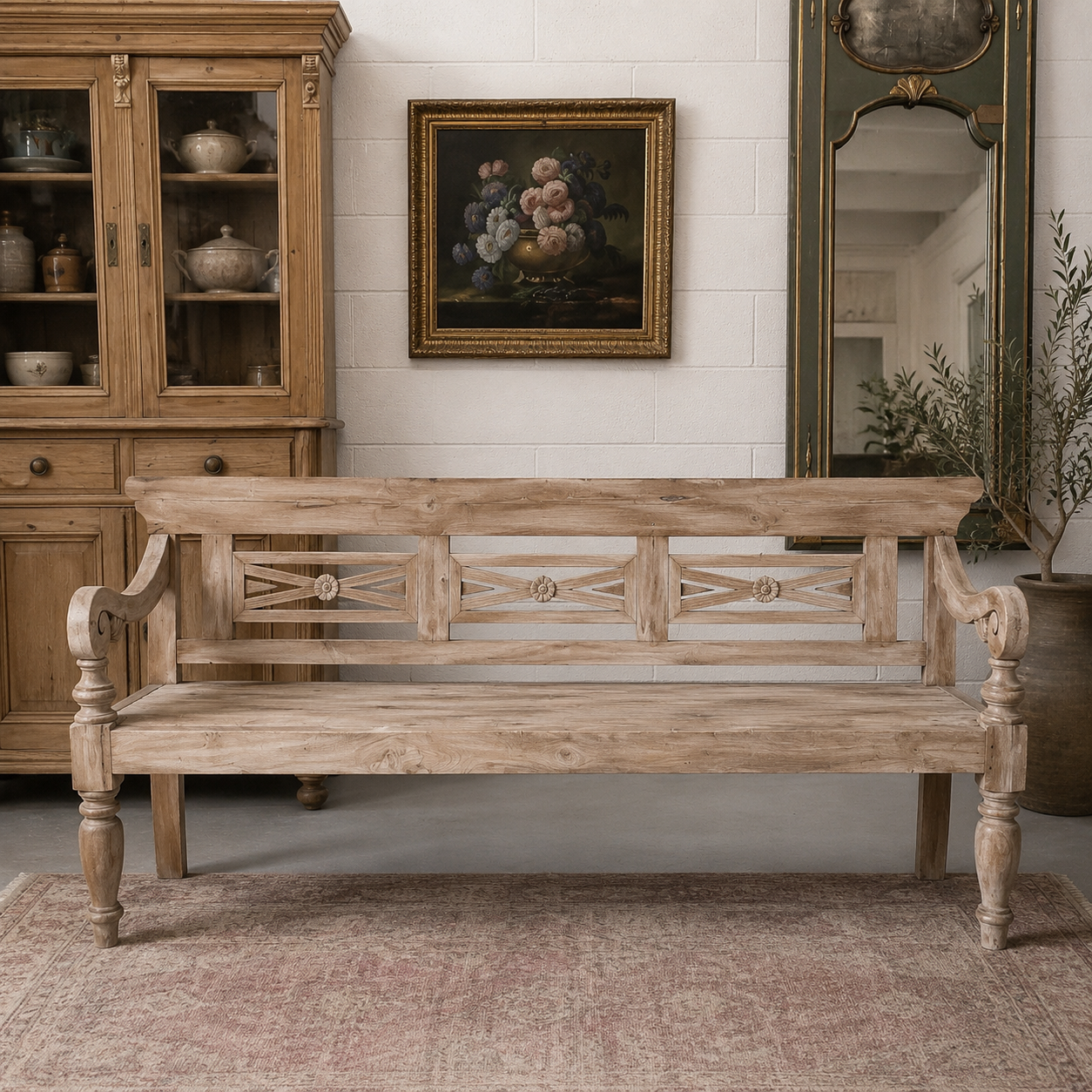Vintage Rustic European Style Carved Wooden Bench