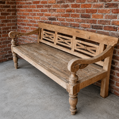 Vintage Rustic European Style Carved Wooden Bench