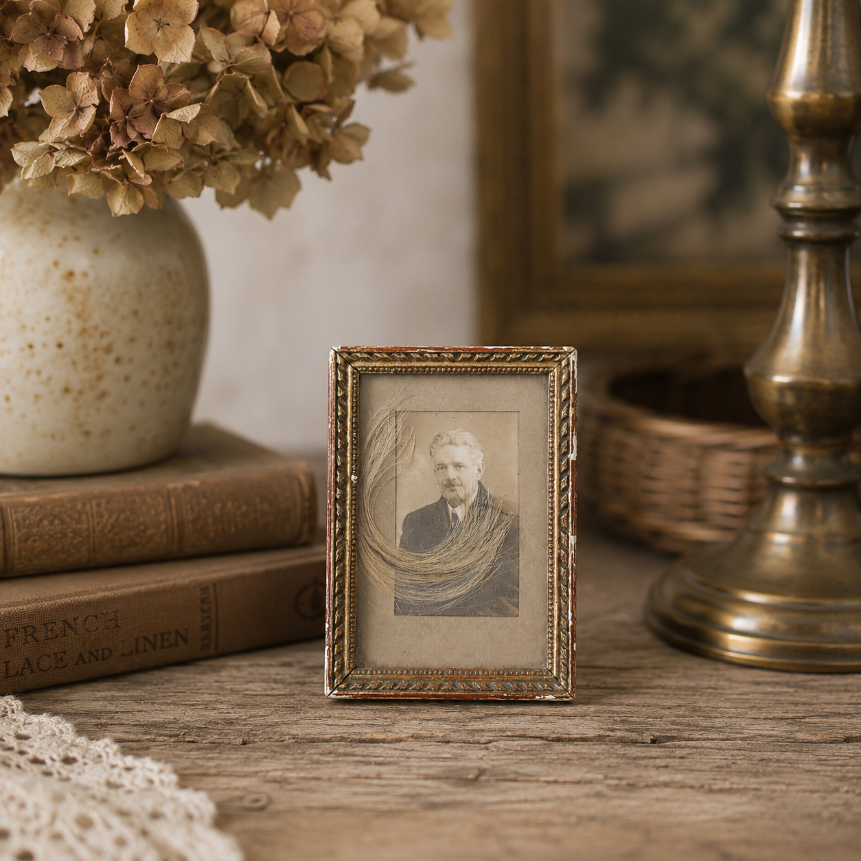 Vintage Framed Portrait with Lock of Hair | Early 20th Century Memory Keepsake