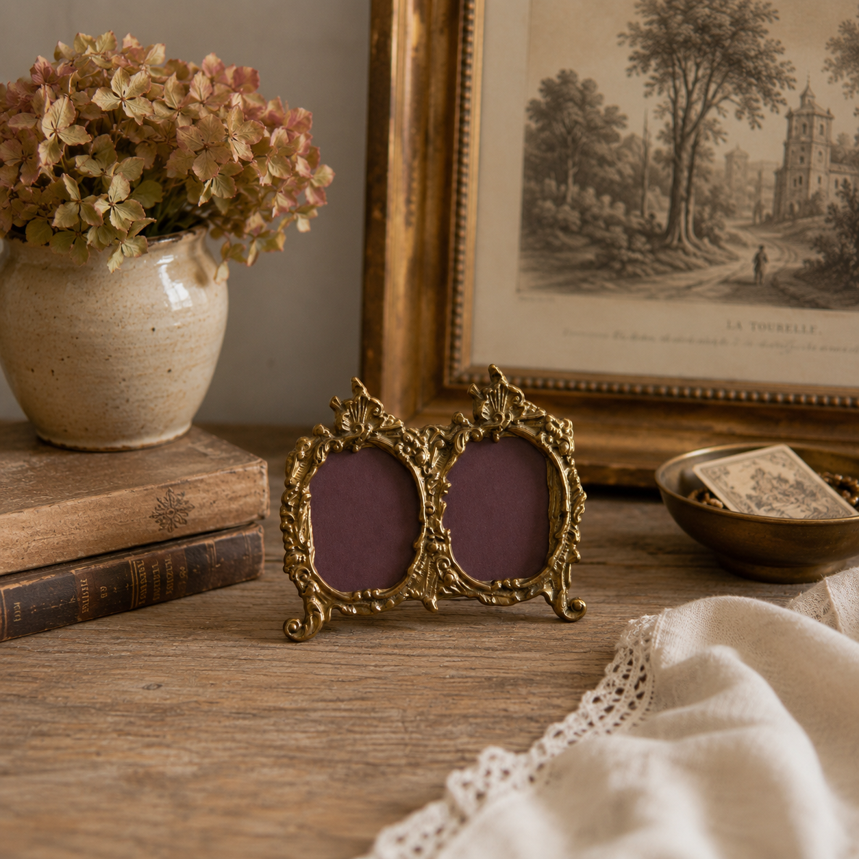 Vintage Petite Brass Double Oval Photo Frame