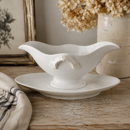 Antique French Terre de Fer Ironstone Gravy Boat with Underplate – U&C Sarreguemines, c. 1890–1915