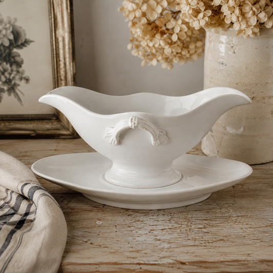 Antique French Terre de Fer Ironstone Gravy Boat with Underplate – U&C Sarreguemines, c. 1890–1915