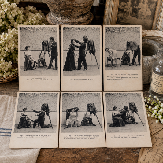 Set of Six Antique French Comic Photographic Postcards
France, circa 1900–1904