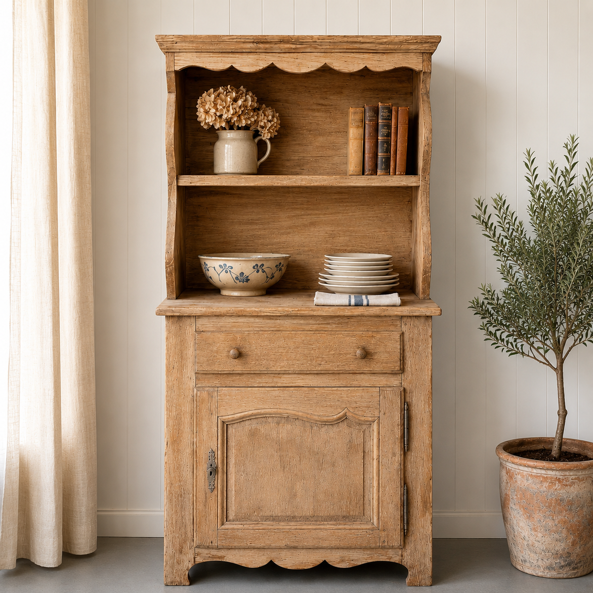 Antique French Provincial Oak Buffet with Plate Rack
France, circa 1880–1910