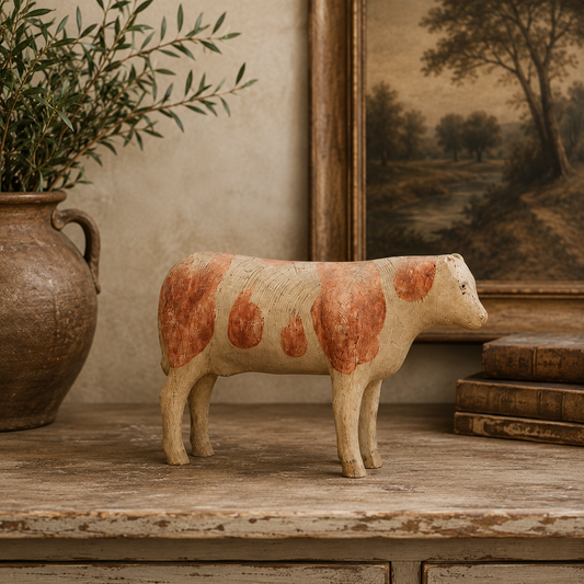 Antique Hand-Carved Wooden Folk Art Cow (circa 1880–1920).