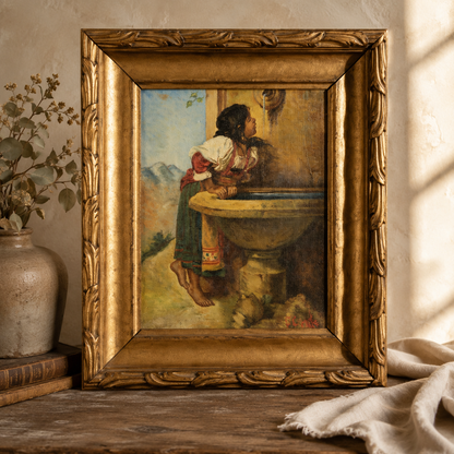 Antique European Figurative Oil Painting, “Girl at the Well,” c. 1900