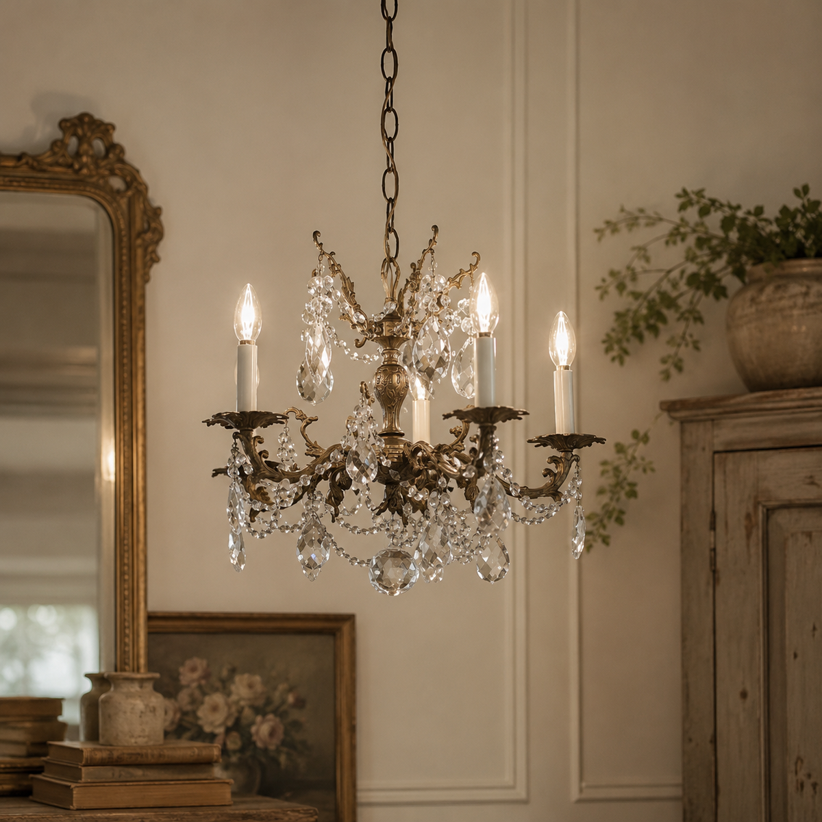 Vintage French Style Cast Brass & Crystal Chandelier